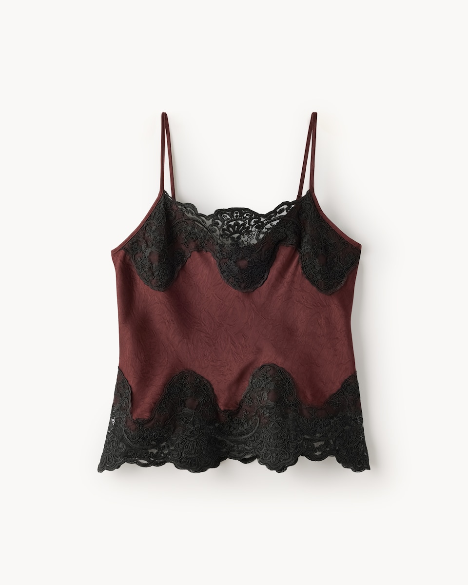 image 1 of F&F Satin Lace Trim Cami Vest in Burgundy