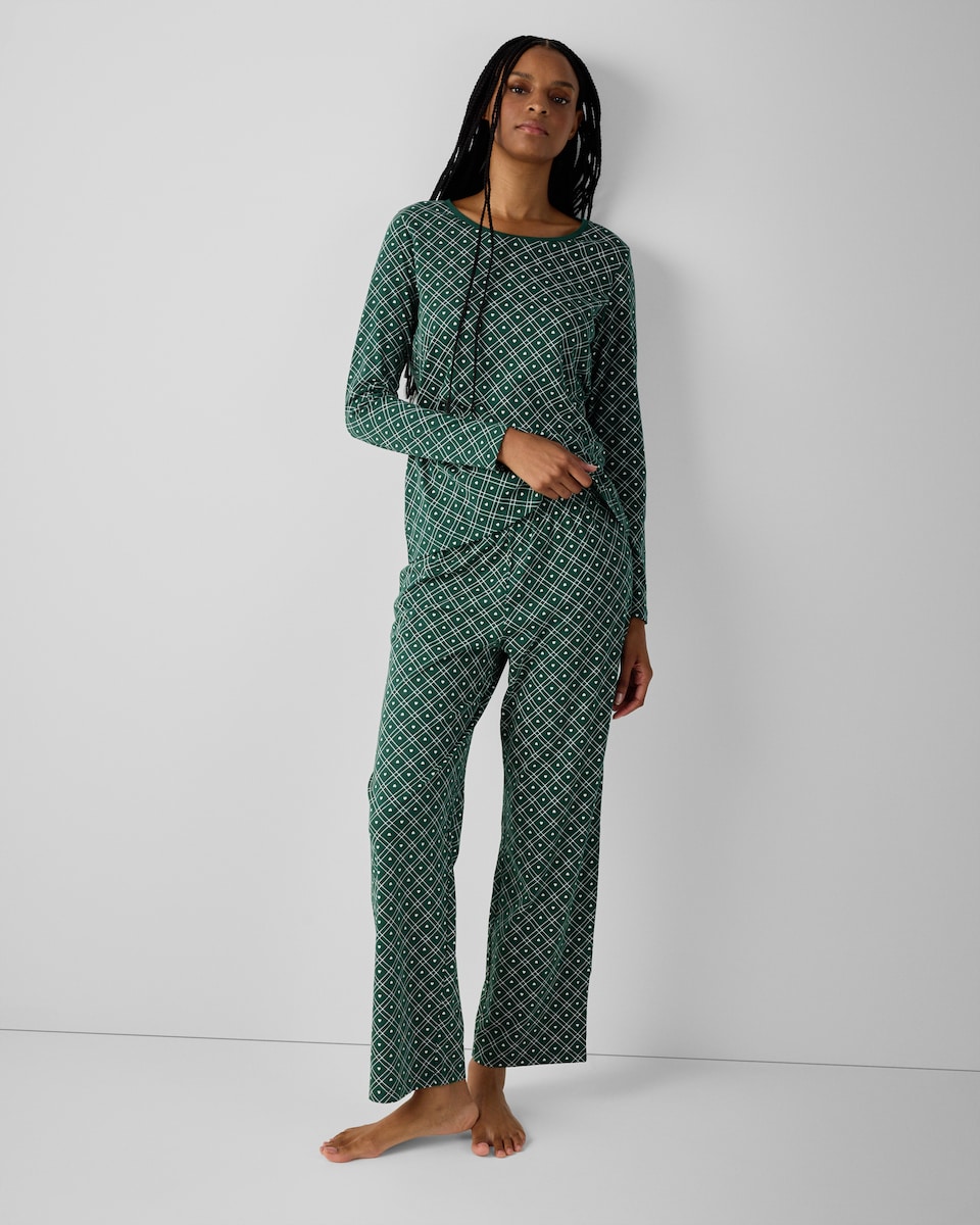 image 1 of F&F Pure Cotton Heart Checked Pyjama Set in Green