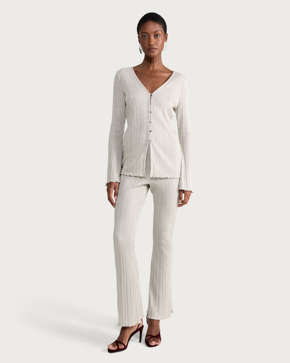 image 1 of F&F Ribbed Metallic Flared Co-ord Leggings in Neutral