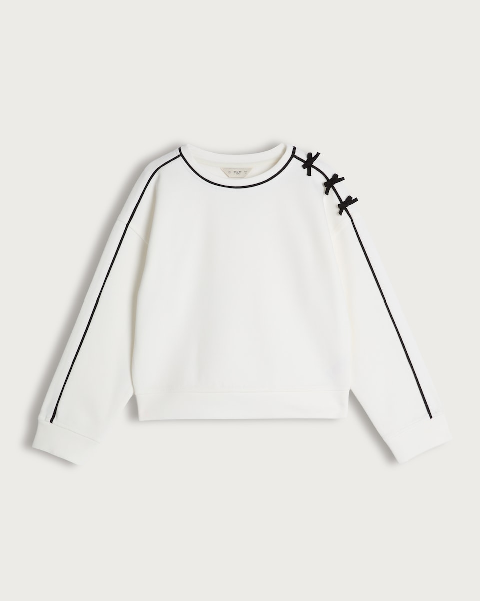 image 1 of F&F Girls Cotton Blend Bow Accent Stripe Sweatshirt in Cream