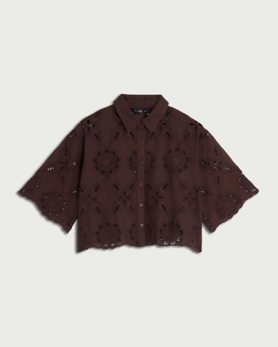 image 1 of The F&F Edit Pure Cotton Embroidered Scallop Hem Co-ord Shirt in Chocolate