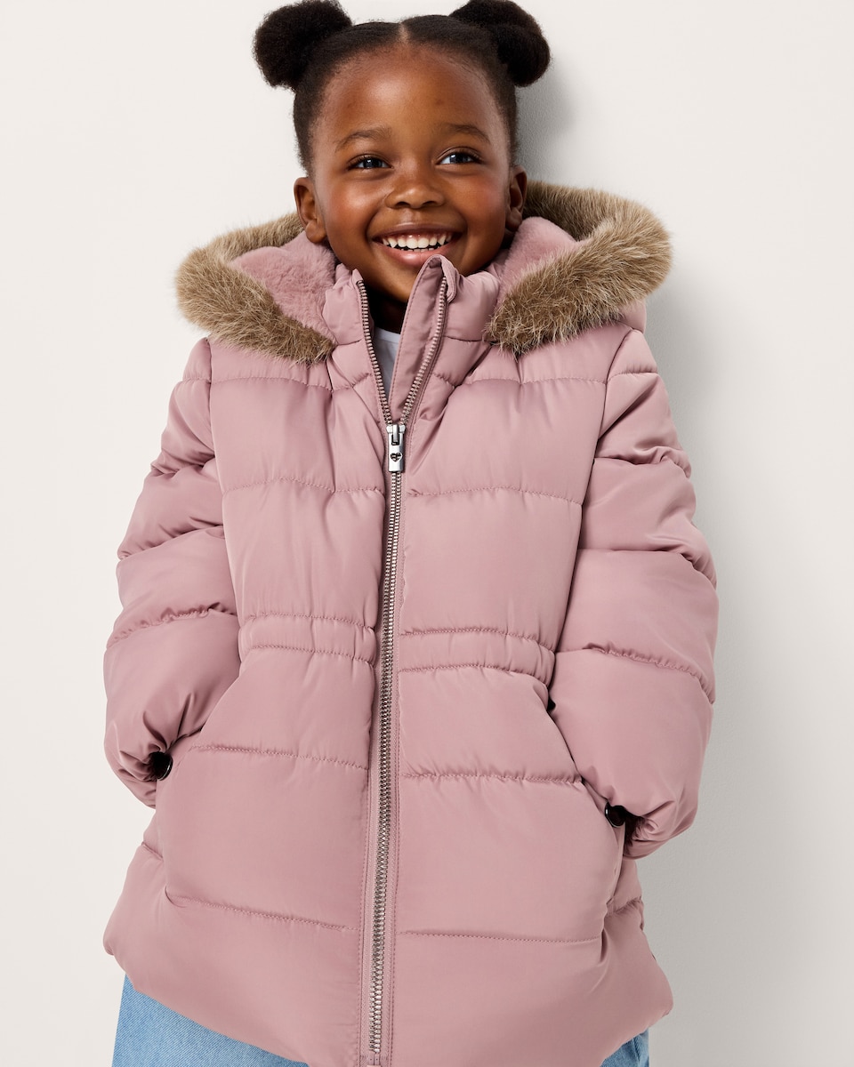 image 1 of F&F Girls Faux Fur Trim Hooded Padded Coat in Pink