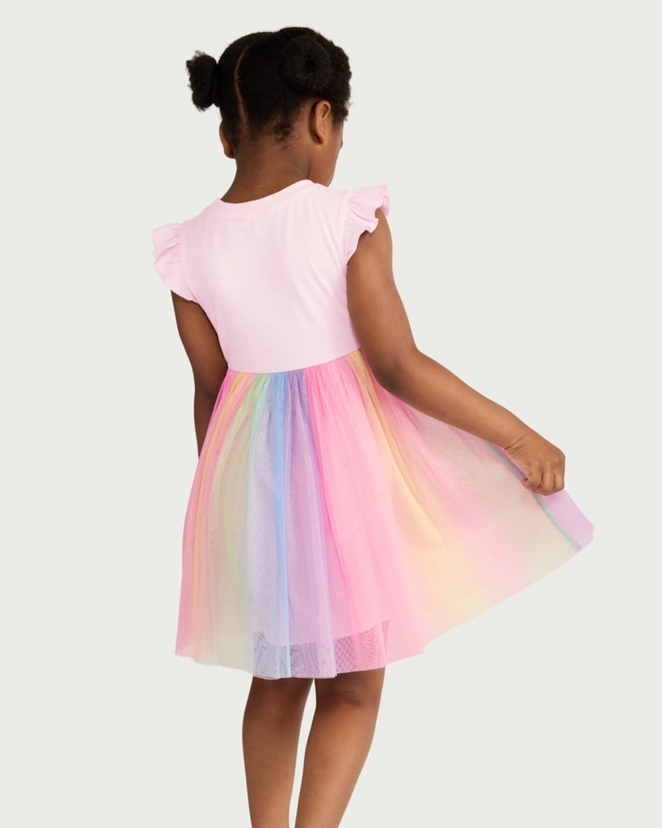 image 1 of F&F Girls Unicorn Rainbow Flutter Sleeved Dress in Multi Pink