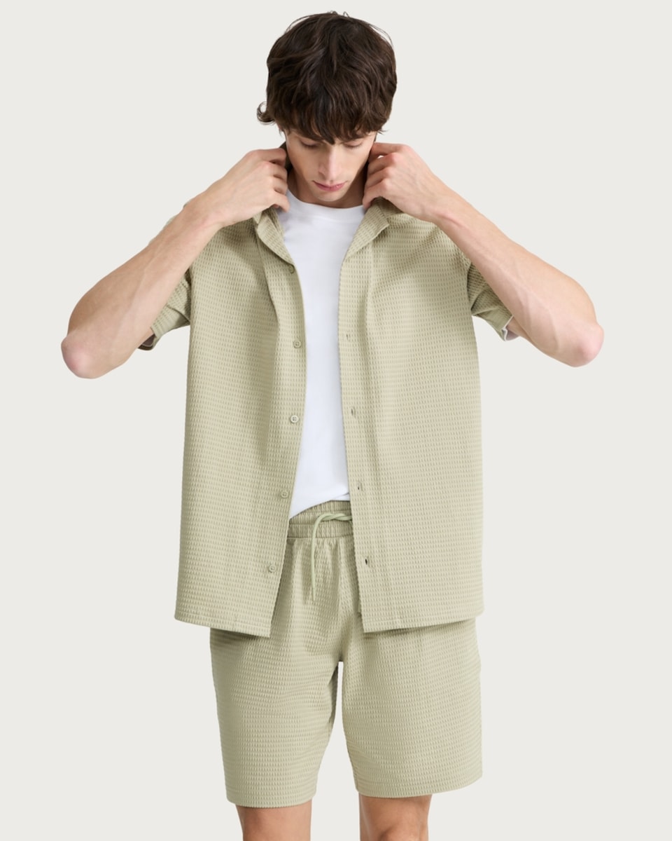 image 1 of F&F Cotton Rich Textured Short Sleeved Shirt in Green