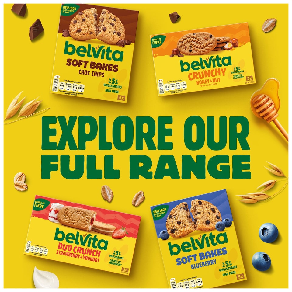 image 1 of Belvita Breakfast Honey & Nut with Chocolate Chip Cereal Biscuit Snack Bars Pack 5 x 45g