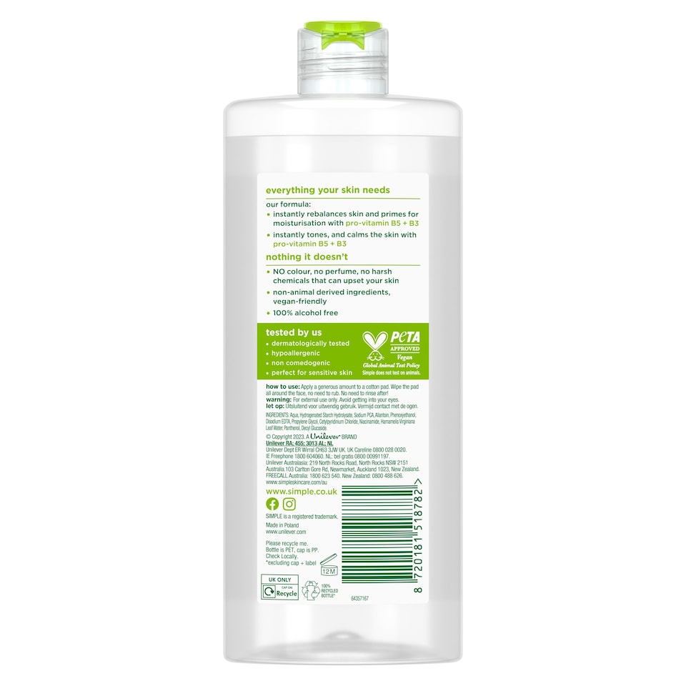 image 1 of Simple Kind to Skin Soothing Toner 400ml