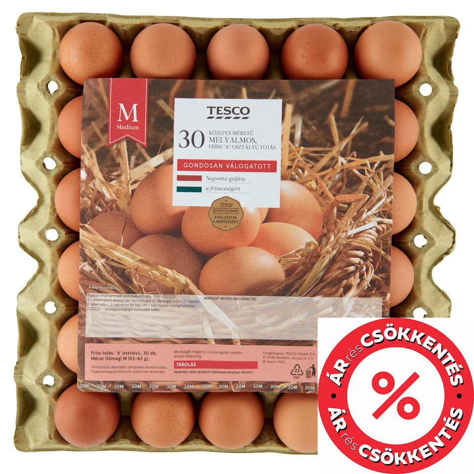 Tesco "A" osztályú közepes méretű mélyalmos, friss tojás M 30 db