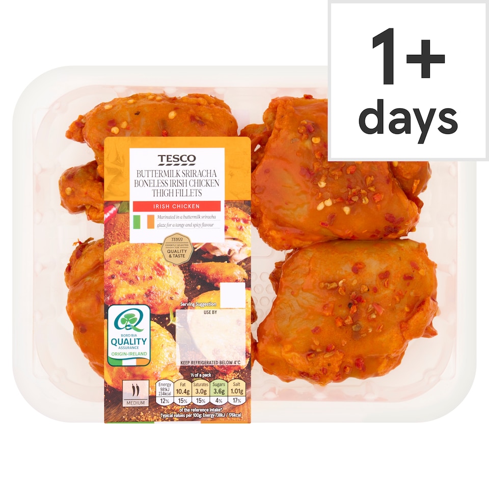 Tesco Buttermilk Sriracha Boneless Irish Chicken Thigh Fillets 520g