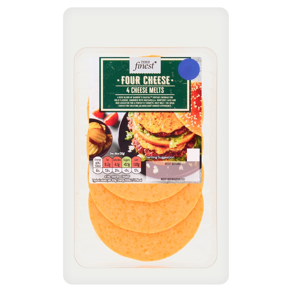 TESCO FINEST Four Cheese 4 Burger Melts 120g