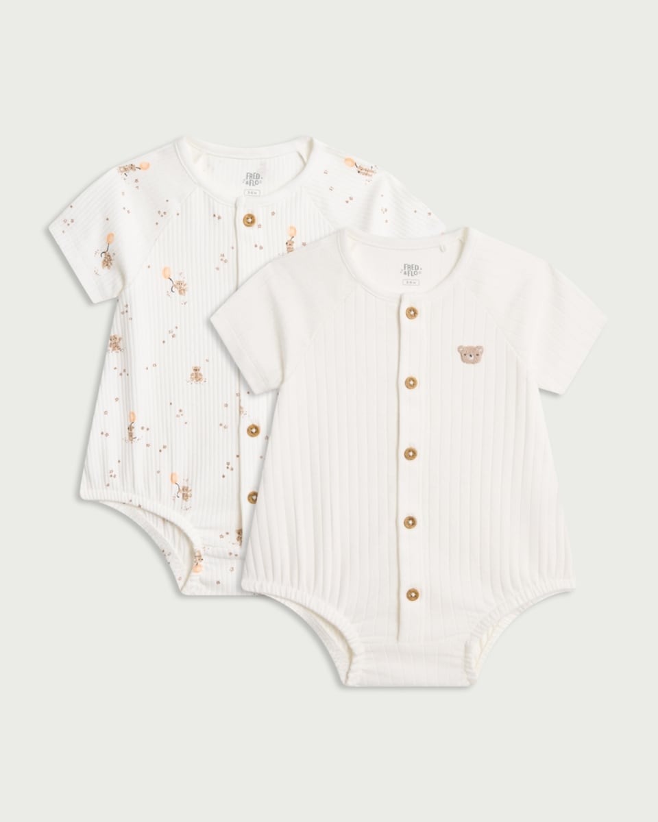 image 1 of F&F Baby 2-Pack Cotton Rich Ribbed Bear Print Short Sleeved Bodysuits in White