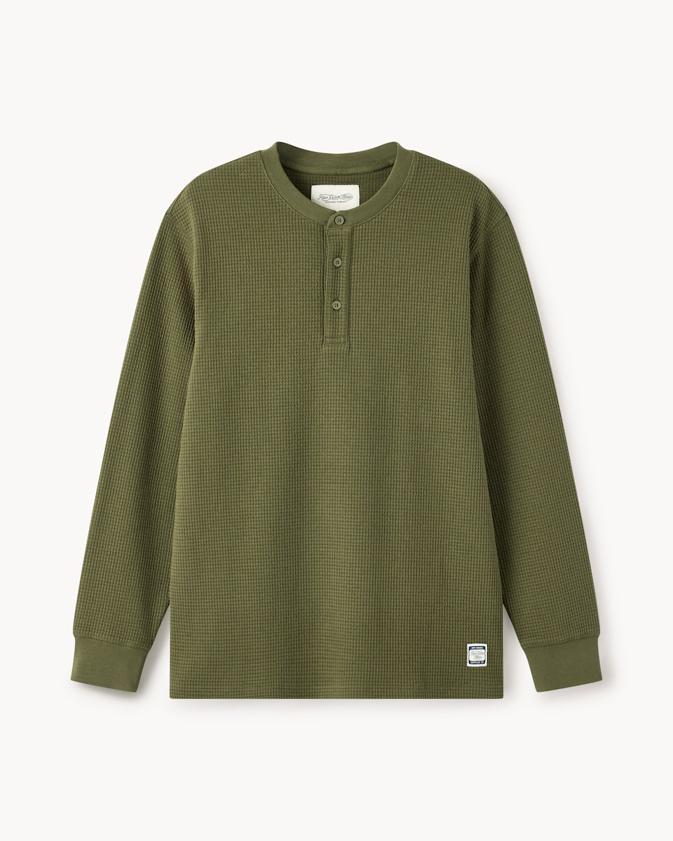 RDA Cotton Blend Waffle Textured Henley Top in Khaki