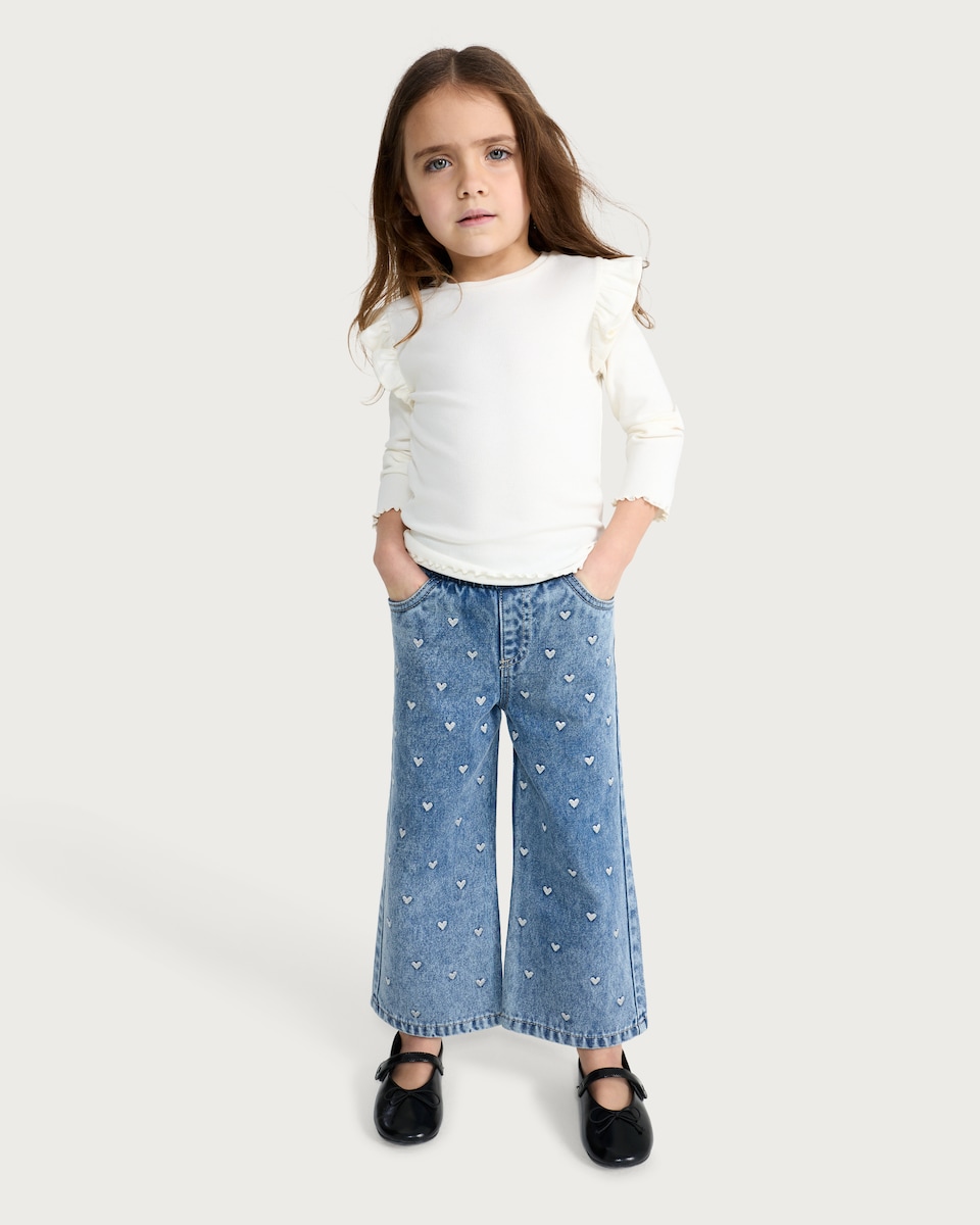 image 1 of F&F Girls Pure Cotton Heart Embroidered Wide Leg Jeans in Blue