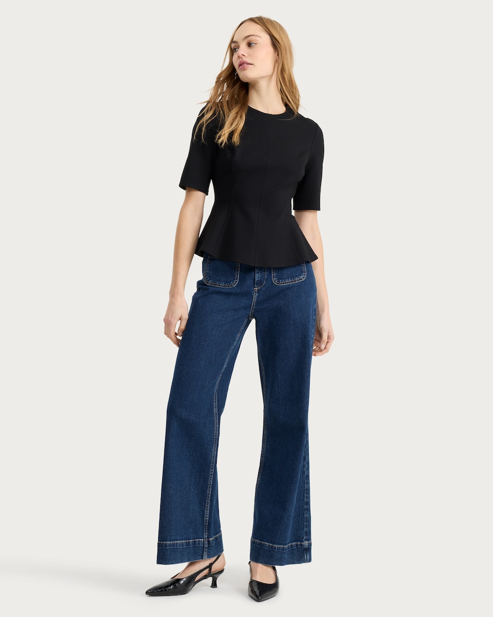 image 1 of F&F Ponte Seam Peplum Hem Top in Black