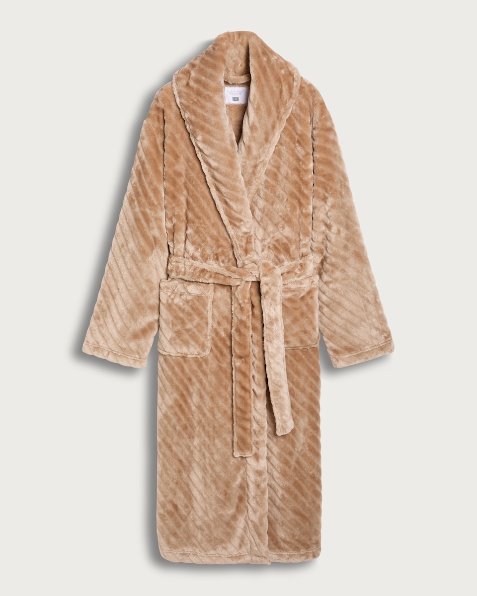 F&F Fleece Textured Striped Dressing Gown in Camel