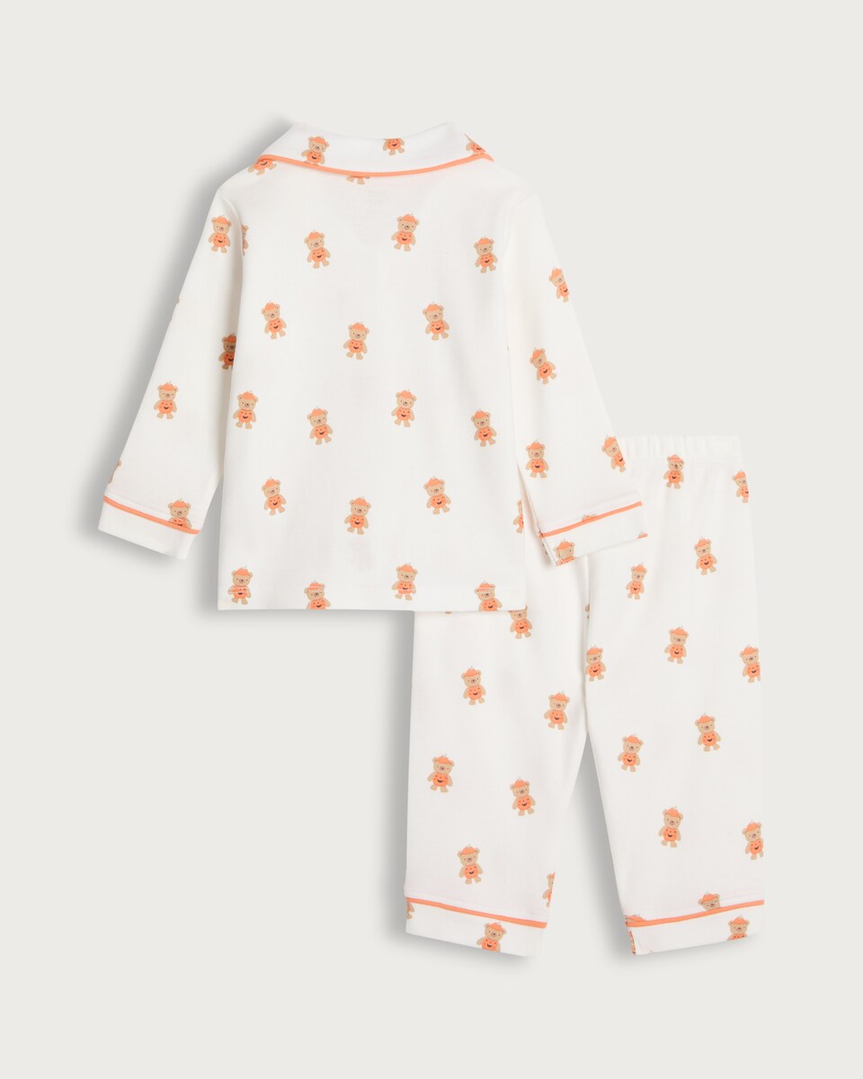 image 1 of F&F Baby Pure Cotton Teddy Pumpkin Print Pyjama Set in White