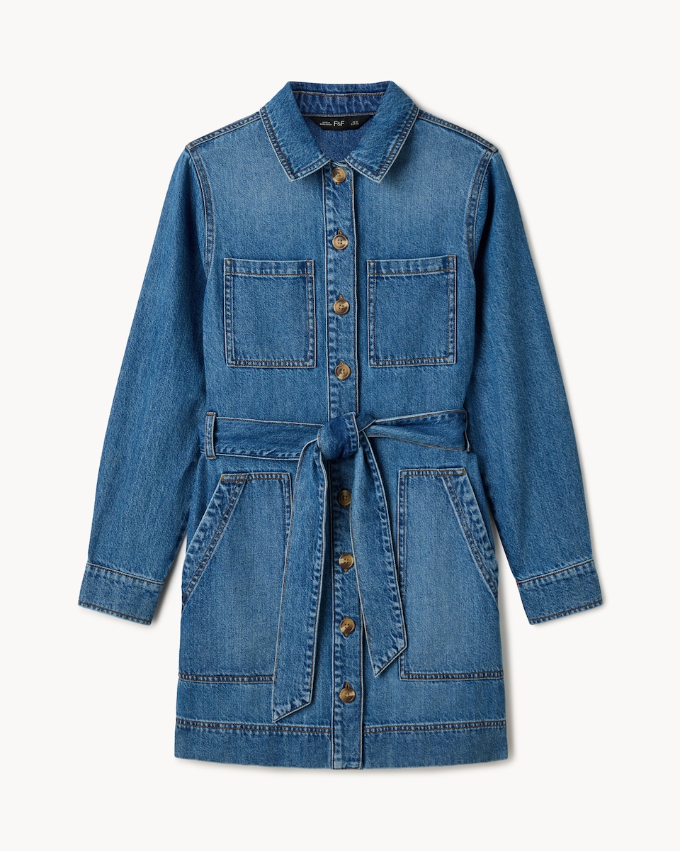 image 1 of F&F Pure Cotton Denim Belted Mini Dress in Blue