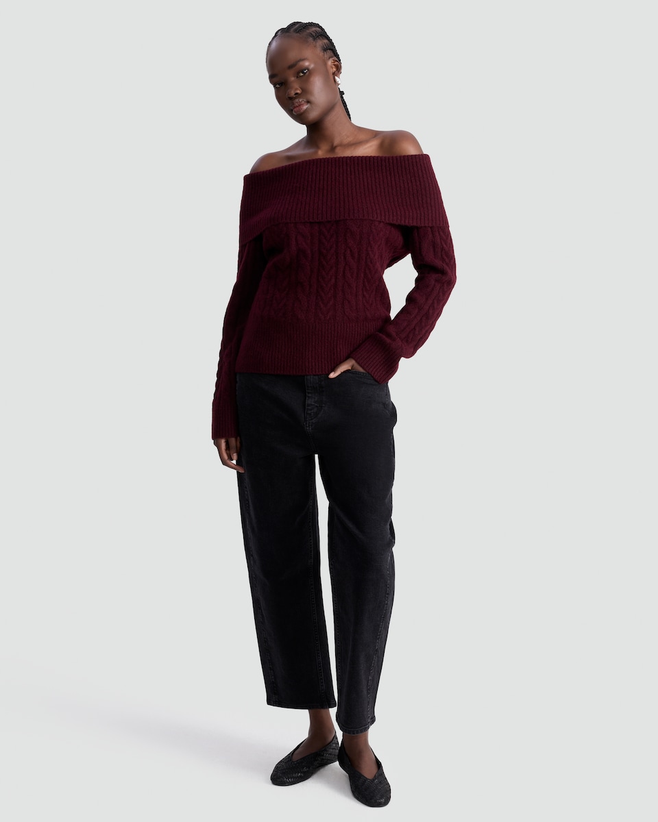 image 1 of F&F Cable Knit Off Shoulder Jumper with Wool in Burgundy