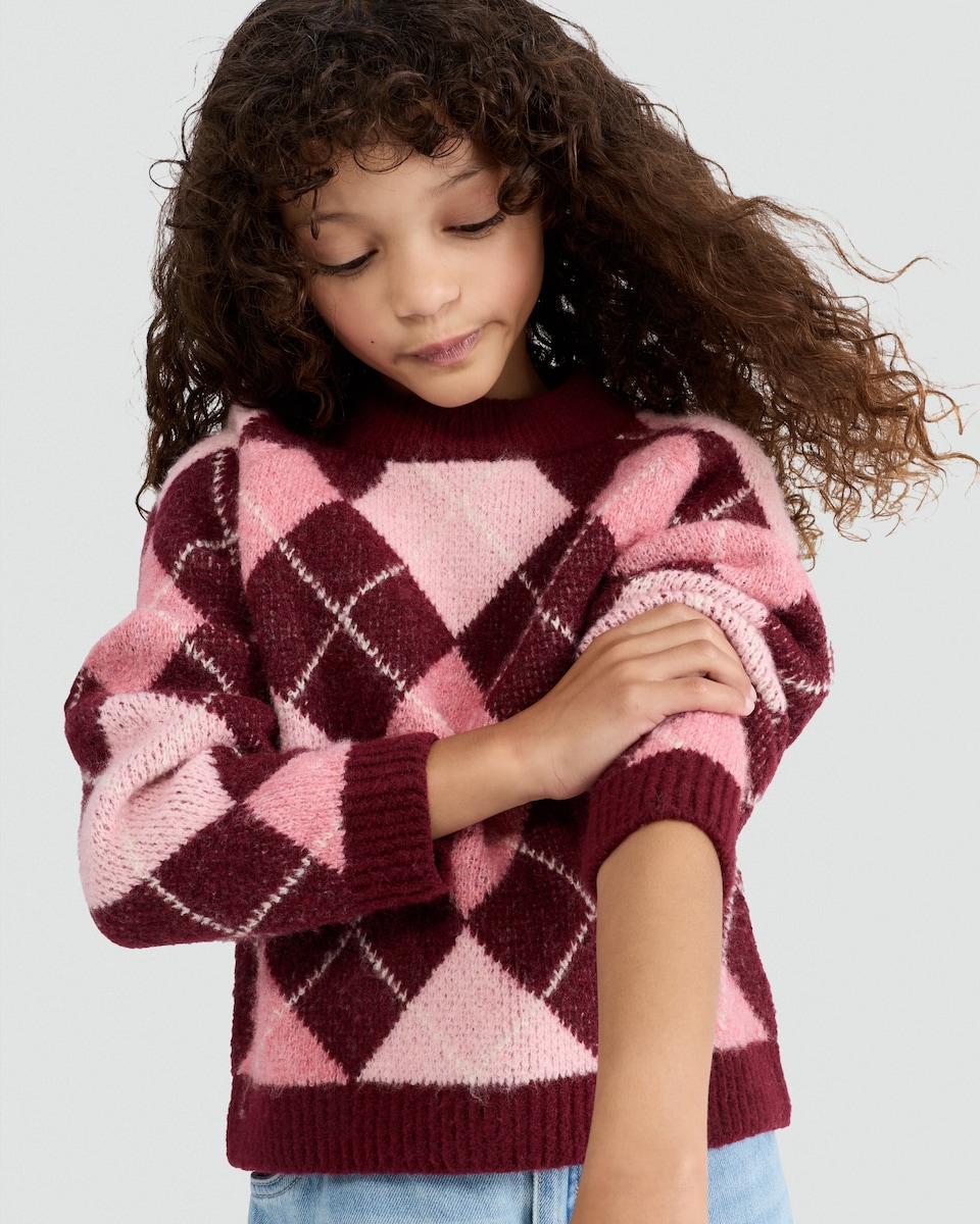 image 1 of F&F Girls Argyle Knitted Jumper in Multi Pink