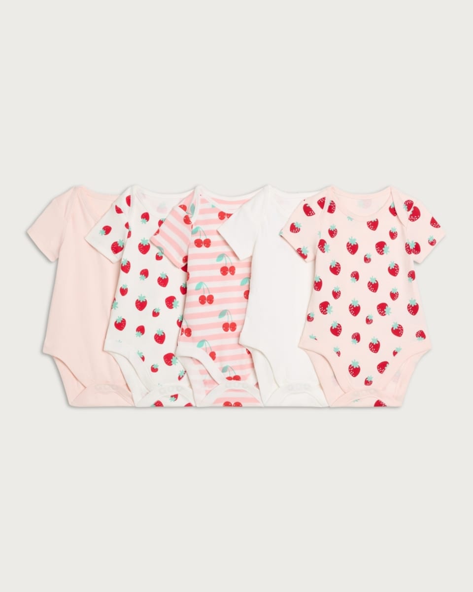 image 1 of F&F Baby 5-Pack Pure Cotton Fruit Print Short Sleeved Bodysuits in Pink