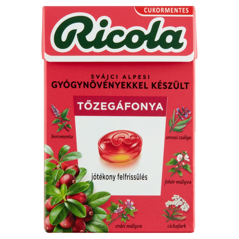 Ricola Tőzegáfonya cukormentes svájci gyógynövény cukorkák 40 g  1. kép