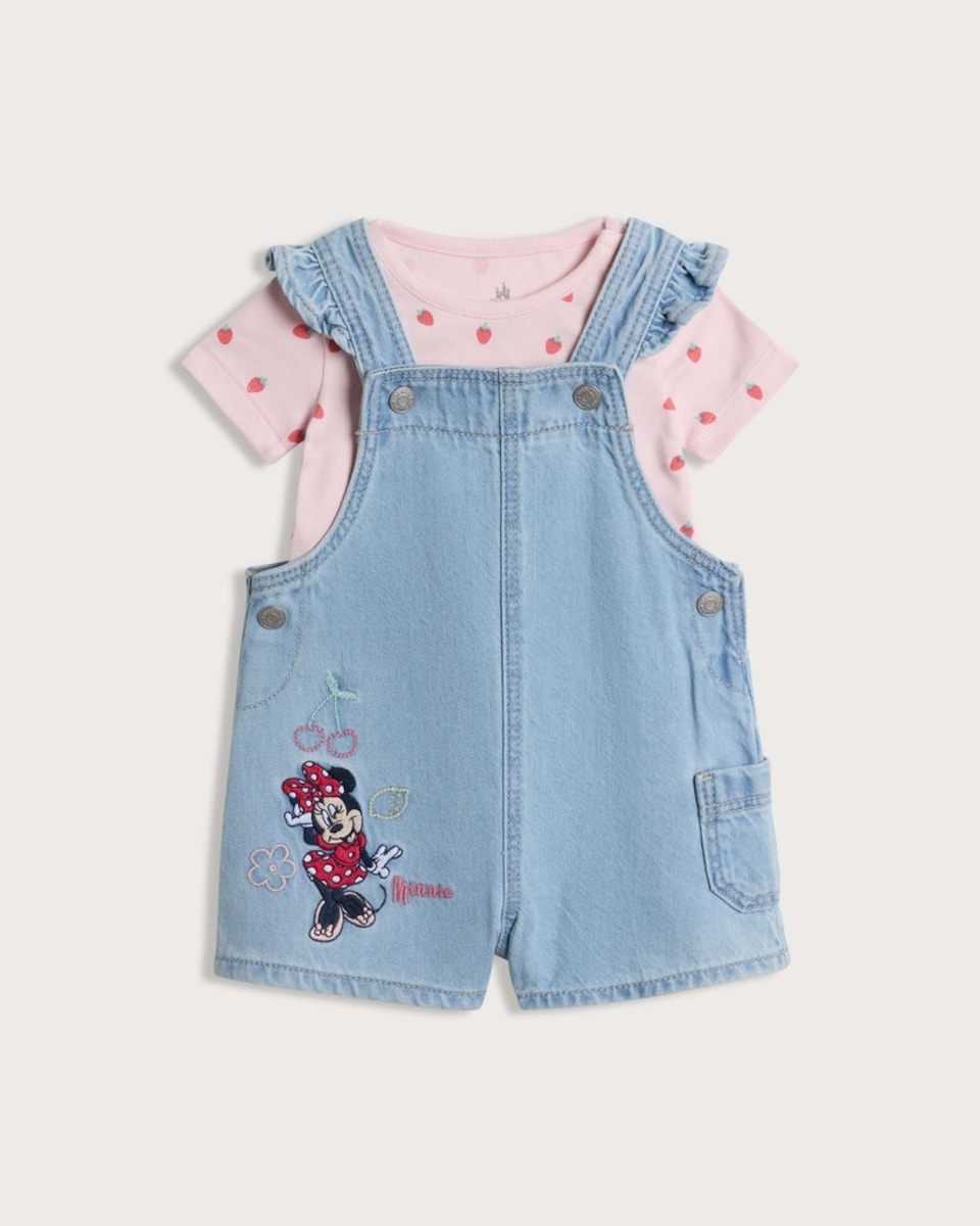 Disney Minnie Mouse 2-Piece Print Bodysuit and Embroidered Dungaree Set in Blue