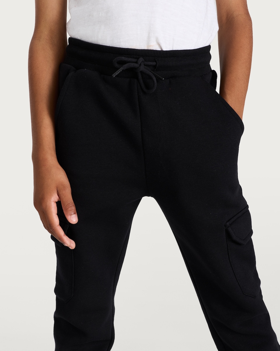 image 1 of F&F Boys Cotton Rich Cuffed Drawstring Cargo Joggers in Black