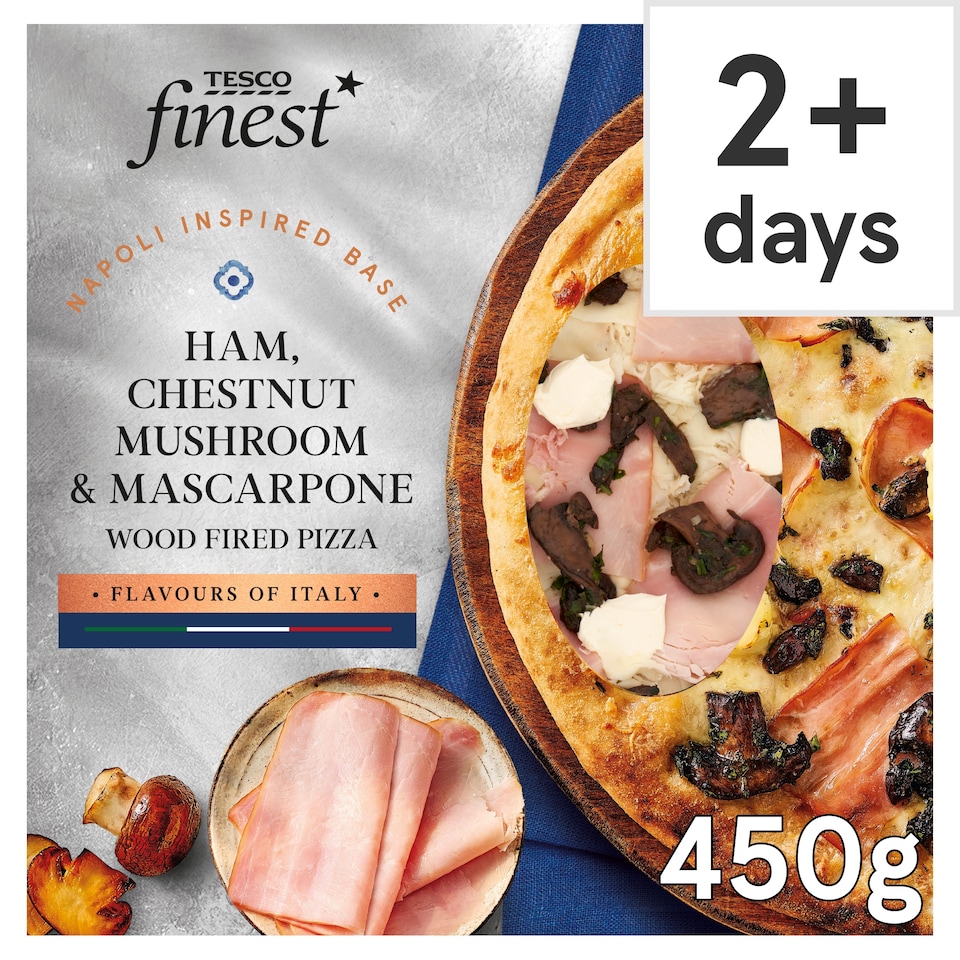 Tesco Finest Ham Mushroom Mascarpone Woodfired Pizza 450g