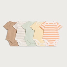 F&F Baby 5-Pack Cotton Rich Ribbed Short Sleeved Bodysuits in Multi