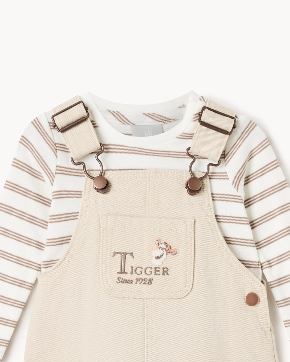 image 1 of Disney Tigger Pure Cotton Dungarees and Bodysuit Set in Stone