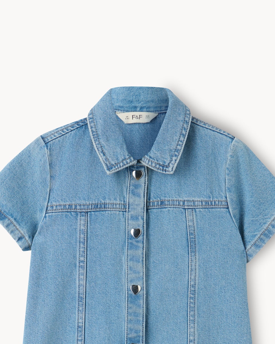 image 1 of F&F Girls Pure Cotton Denim Shirt Dress in Blue