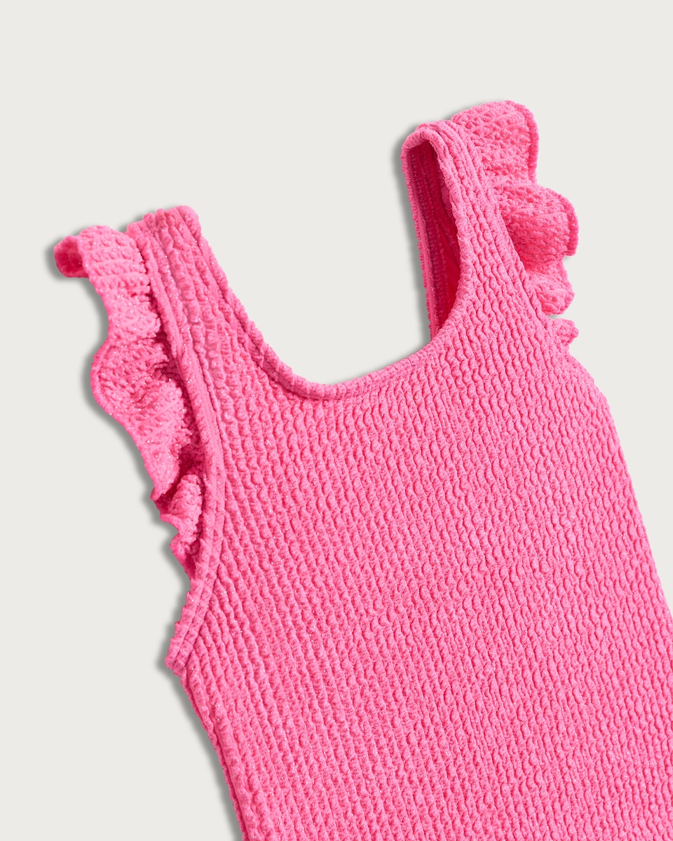 image 1 of F&F Girls Metallic Crinkle Textured Swimsuit in Hot Pink