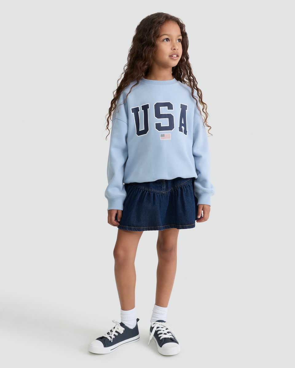 image 1 of F&F Girls Cotton Rich USA Flag Print Sweatshirt in Blue