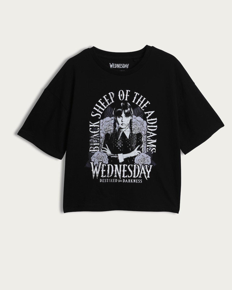 Wednesday Addams Black Sheep Print Pure Cotton T-Shirt in Black