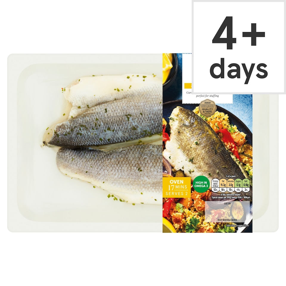 Tesco 2 Lemon Parsley Butterflied Sea Bass Fillets 255G