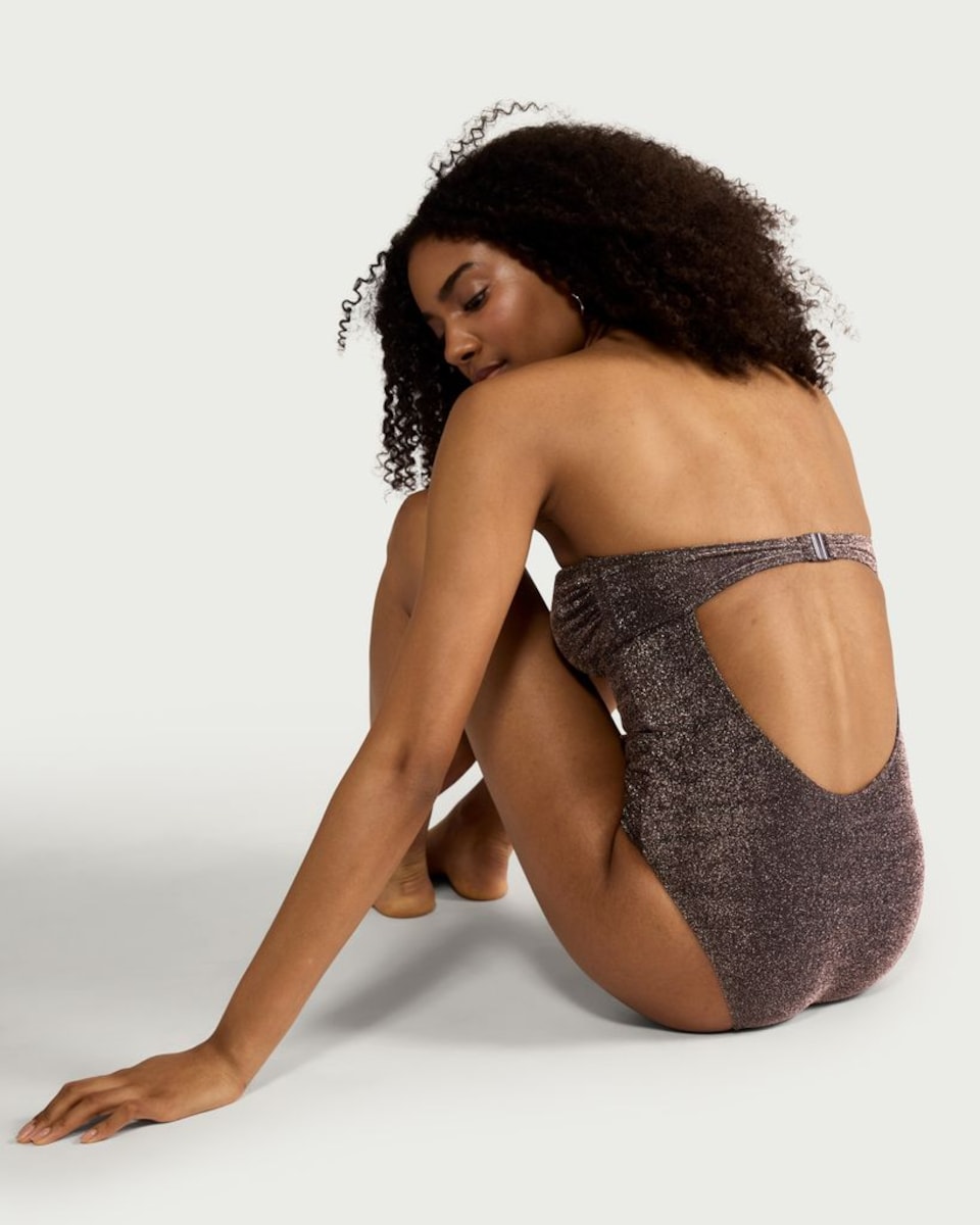 image 1 of F&F Metallic Cut Out Halterneck Bandeau Swimsuit in Chocolate