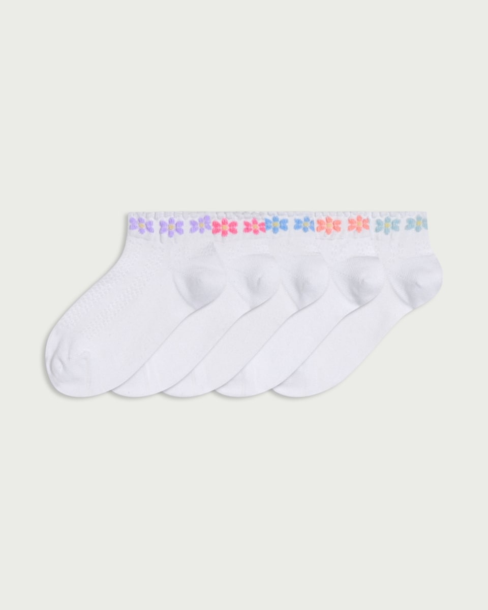 F&F Girls 5-Pack Cotton Rich Floral Trim Trainer Socks in Multi