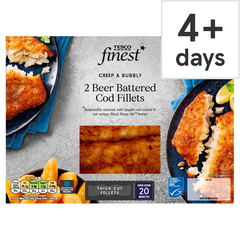 Tesco Finest 2 Beer Battered Cod Fillets 380G