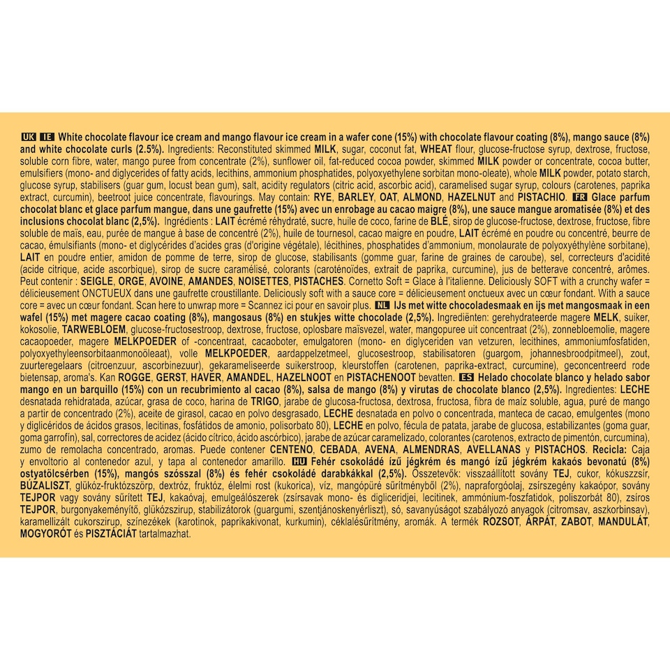 image 1 of Cornetto Soft Mango & White Chocolate  4 x 140ml