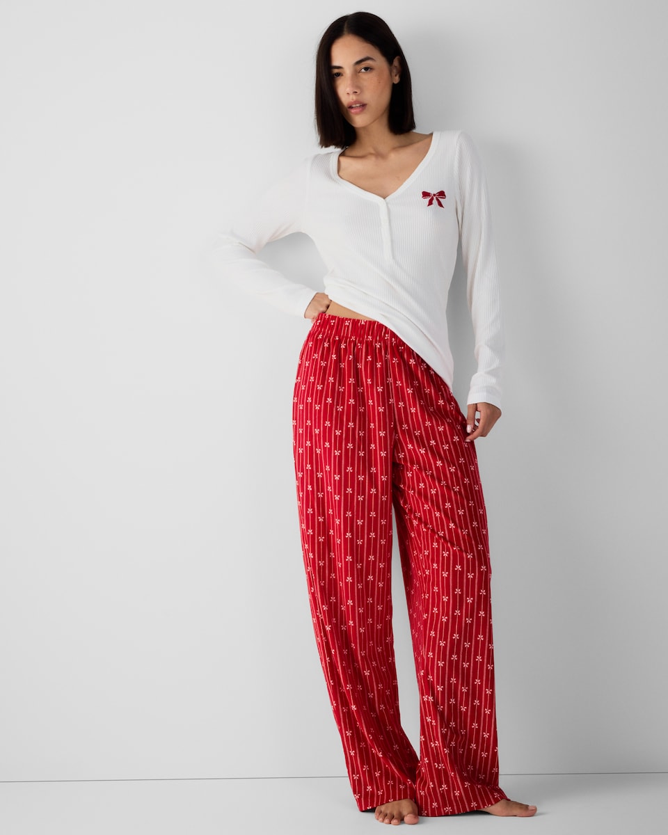 image 1 of F&F Brushed Henley Bow Pyjama Set in Multi Red