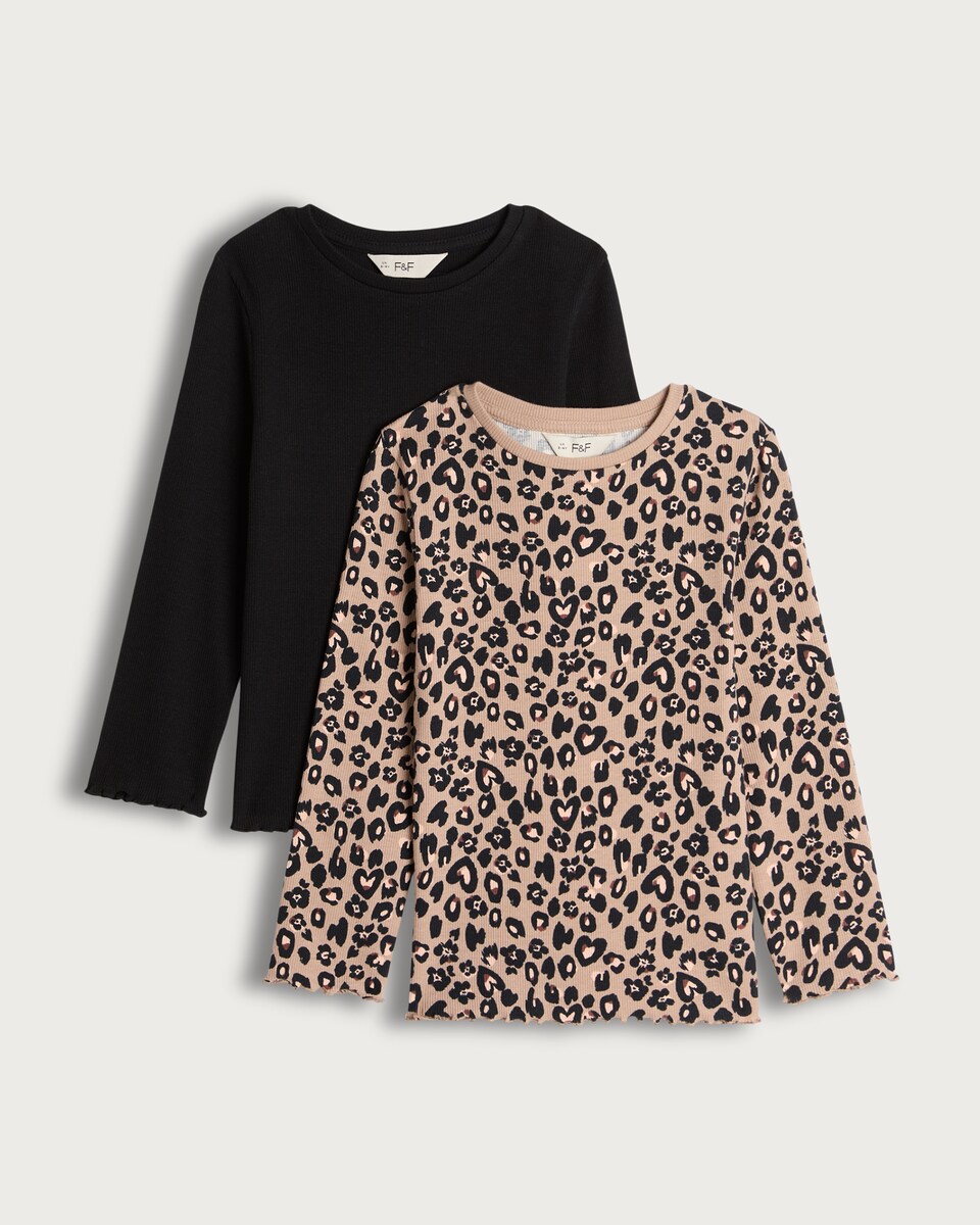 image 1 of F&F Girls 2-Pack Cotton Rich Printed Long Sleeved Tops in Multi