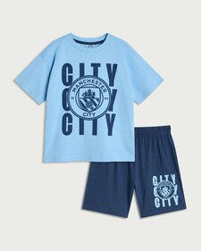 Manchester City 2-Piece Pure Cotton Top and Shorts Pyjama Set in Blue