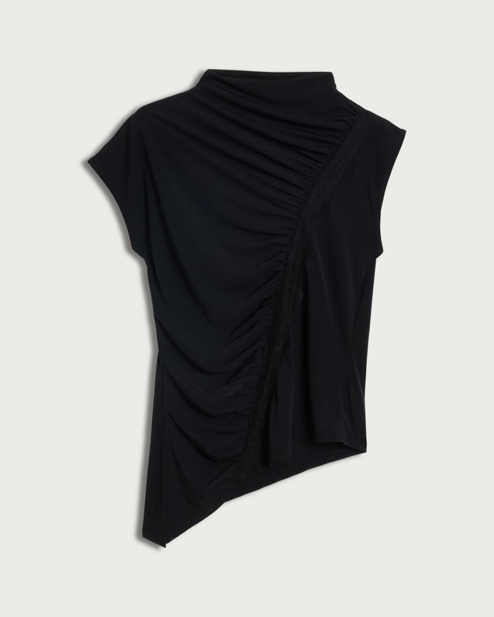 image 1 of F&F Ruched Lace Trim Short Sleeved T-Shirt in Black