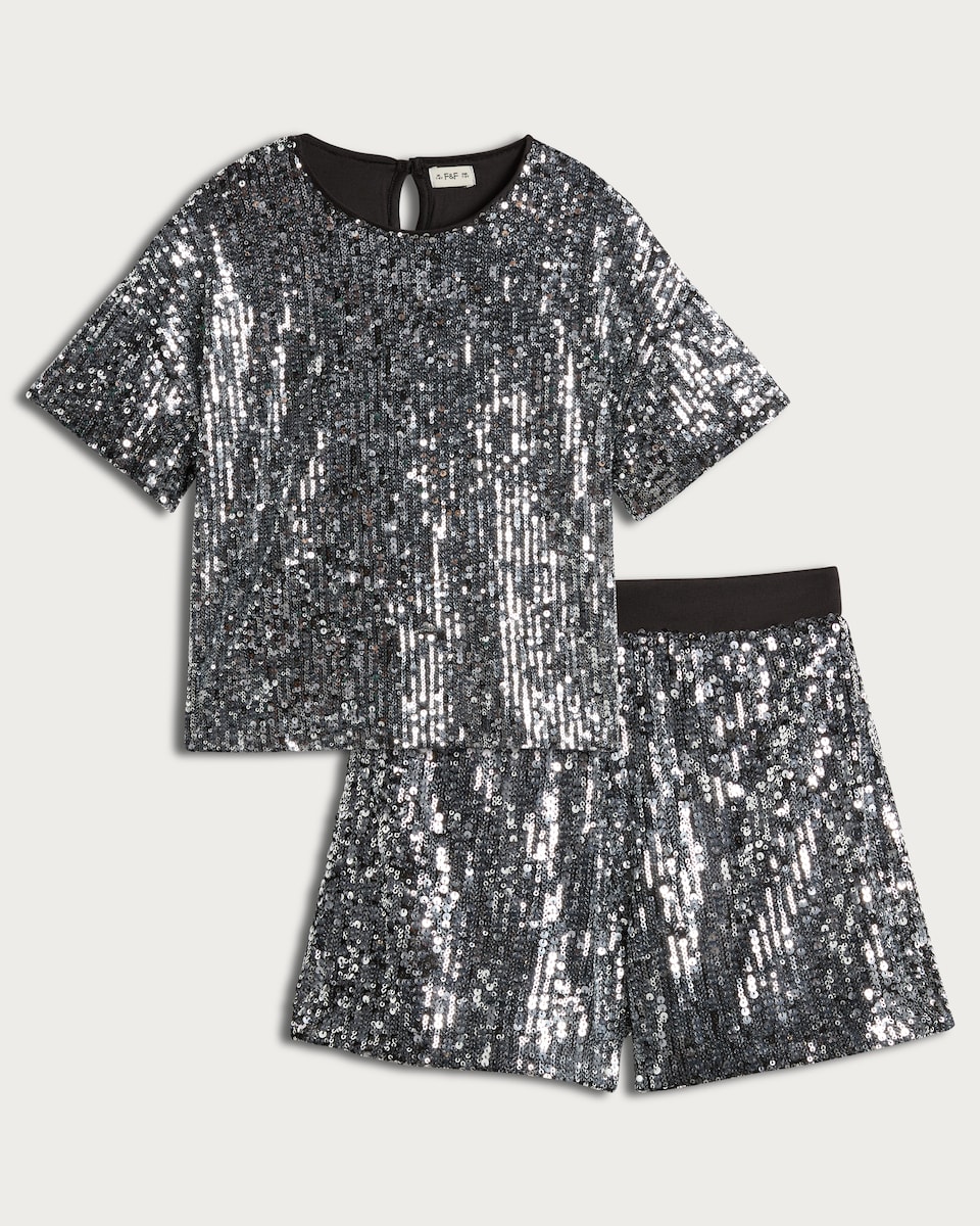 F&F Girls 2-Piece Sequin Top and Shorts Set in Silver
