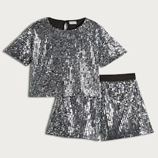 F&F Girls 2-Piece Sequin Top and Shorts Set in Silver