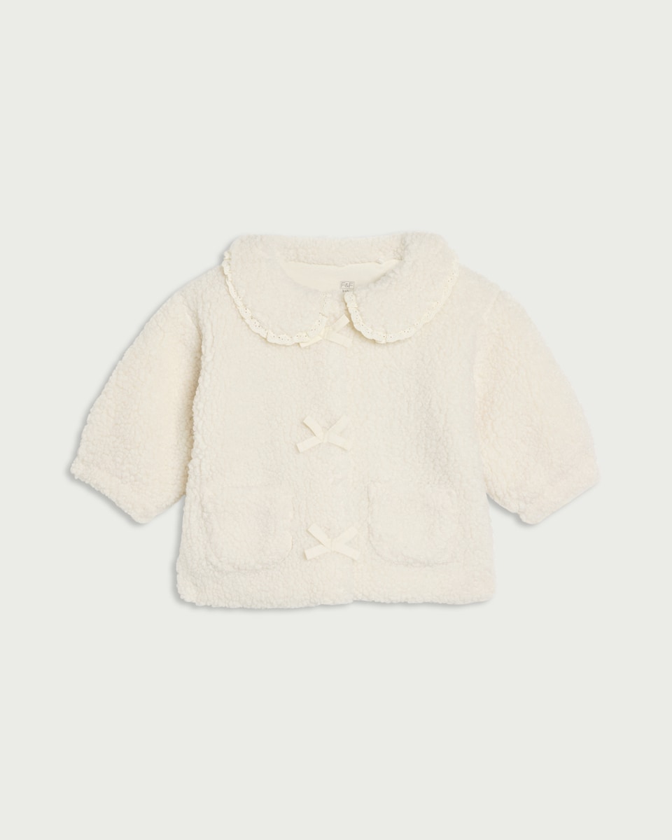 image 1 of F&F Baby Fleece Textured Bow Jacket in Cream