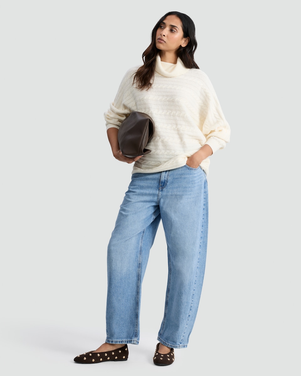 image 1 of F&F Cable Knit Roll Neck Batwing Jumper with Wool in Cream