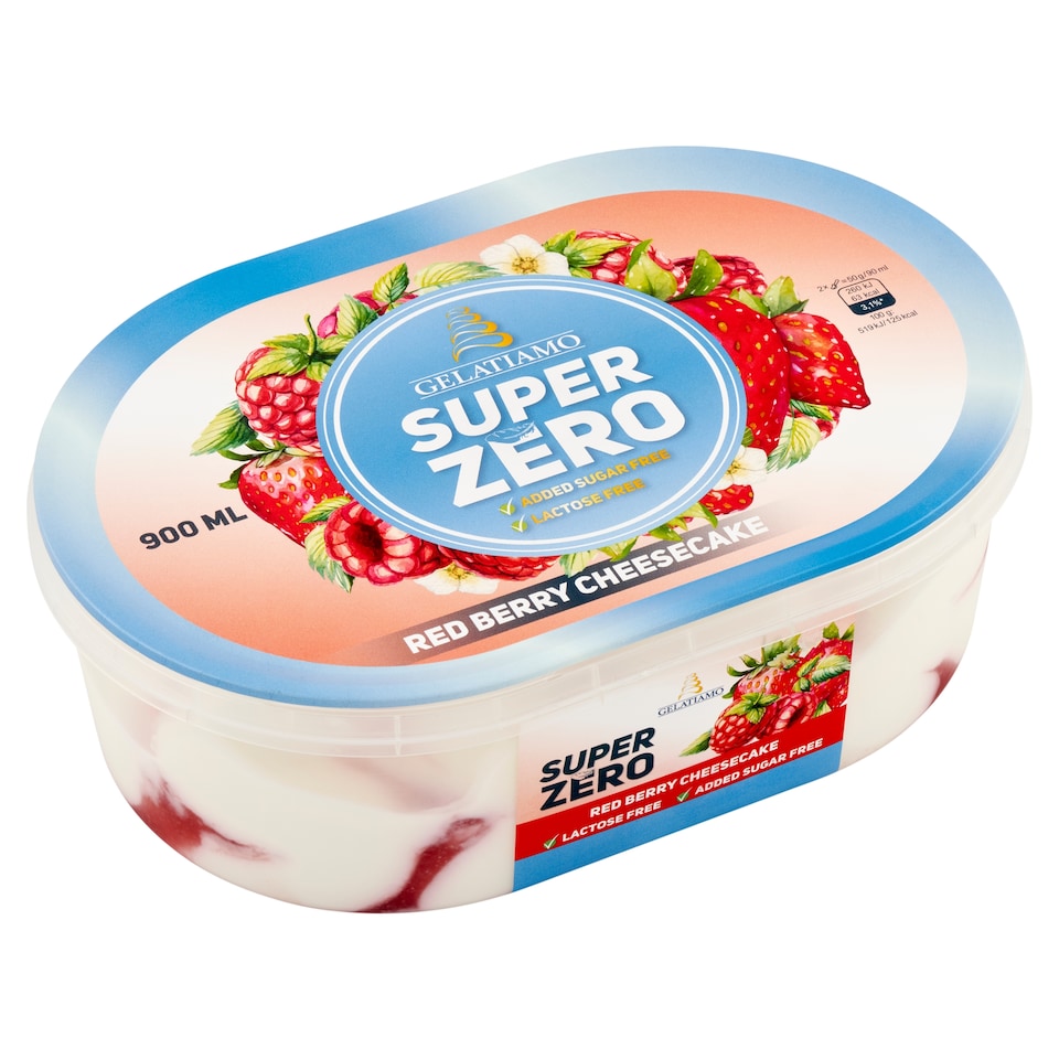 Gelatiamo Super Zero laktózmentes sajttorta ízű jégkrém pirosgyümölcsös öntettel 900 ml