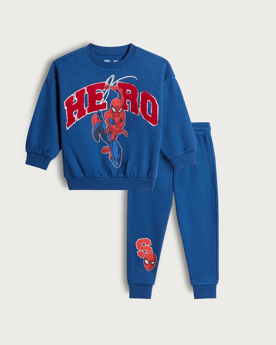 image 1 of Marvel Spider-Man Cotton Rich Hero Sweatshirt and Joggers Set in Blue