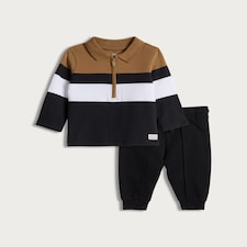 F&F Baby 2-Piece Cotton Rich Striped Polo Top and Joggers Set in Dark Nude