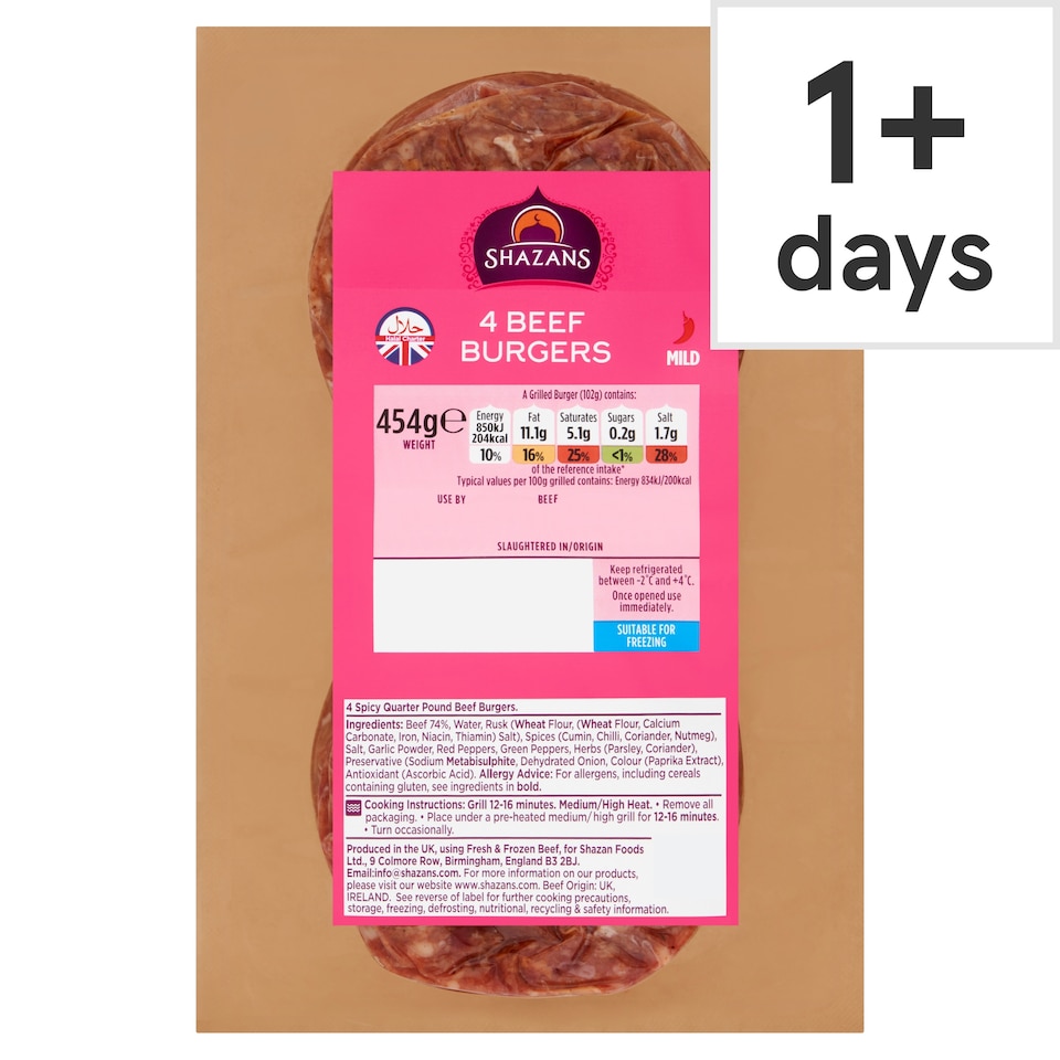 Shazans Halal Beef Burgers Quart Pounders 454G